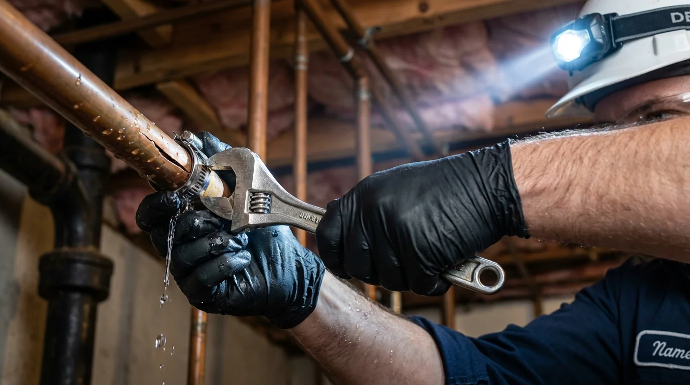 Emergency pipe clamp repair being performed by a Johns Plumbing LLC plumber in Apple Creek