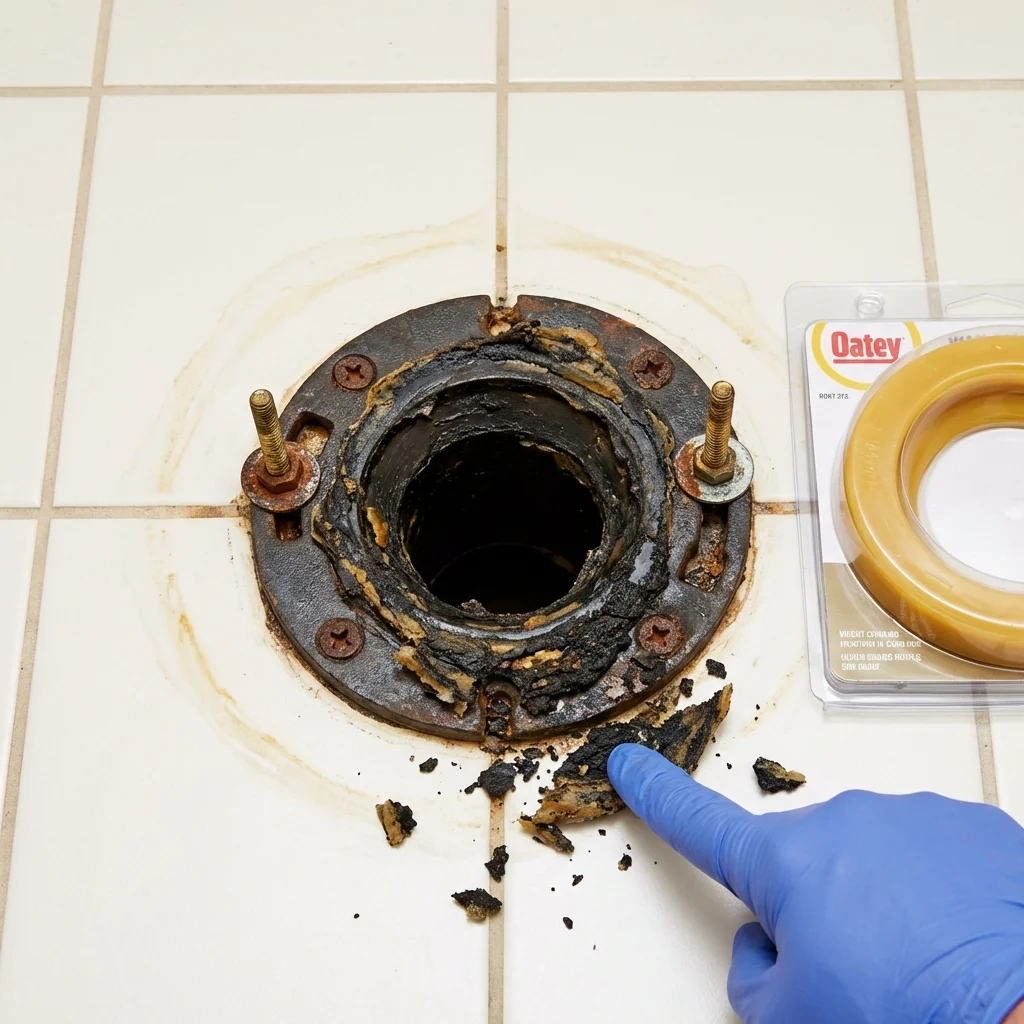 Failed wax ring showing water seepage at the base of a toilet in a Apple Creek, OH home