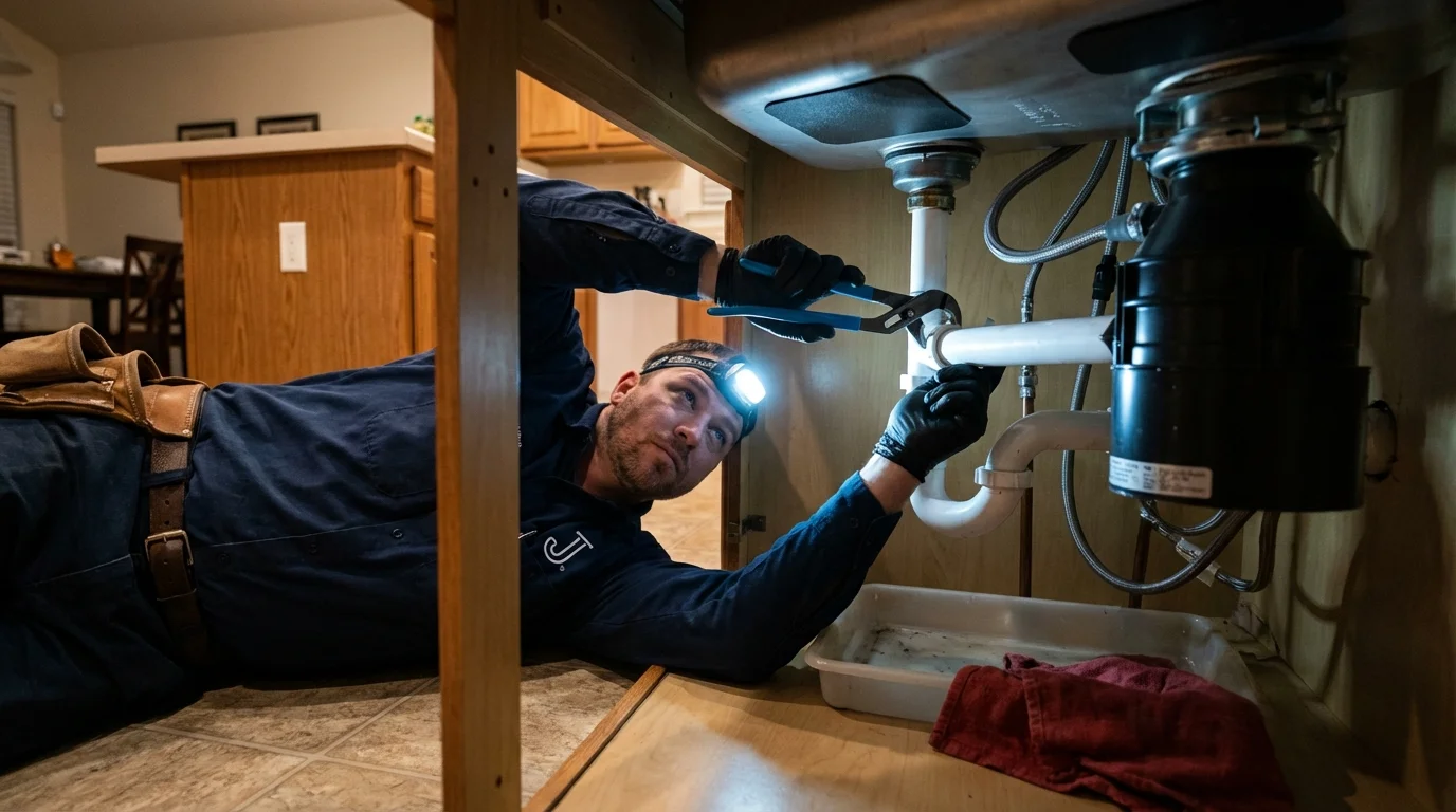 P-trap and supply line connections under a kitchen sink showing a common leak point in Apple Creek, OH